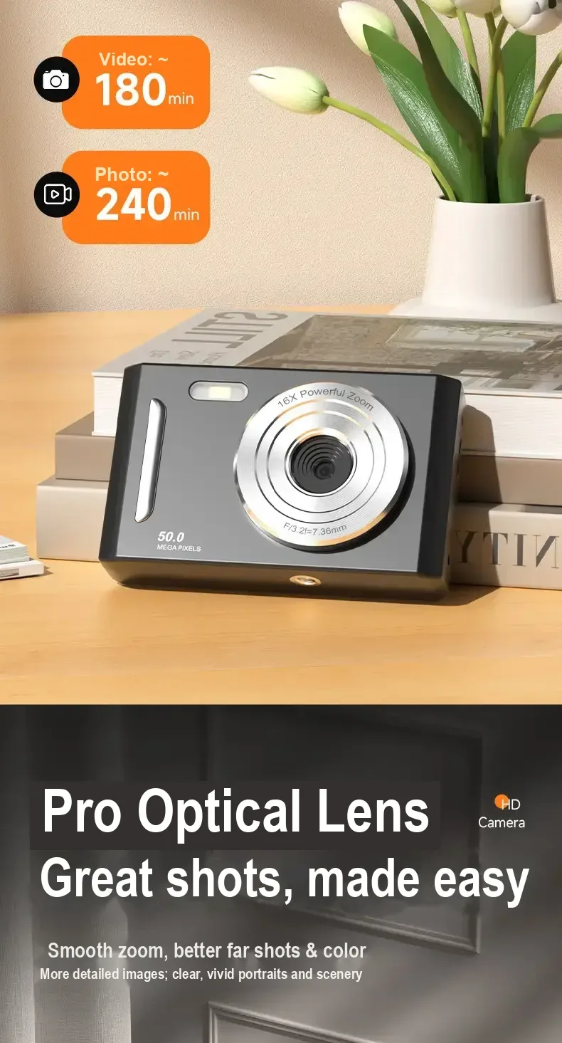 Black camera with text claiming 180 minutes of video and 240 minutes of photo use.