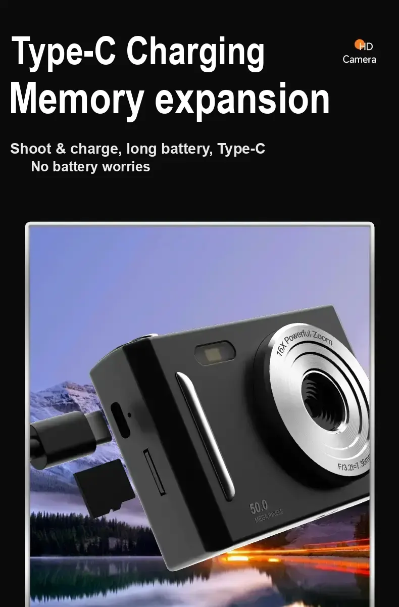 Black camera shown beside a Type-C charging cable and memory card illustration.