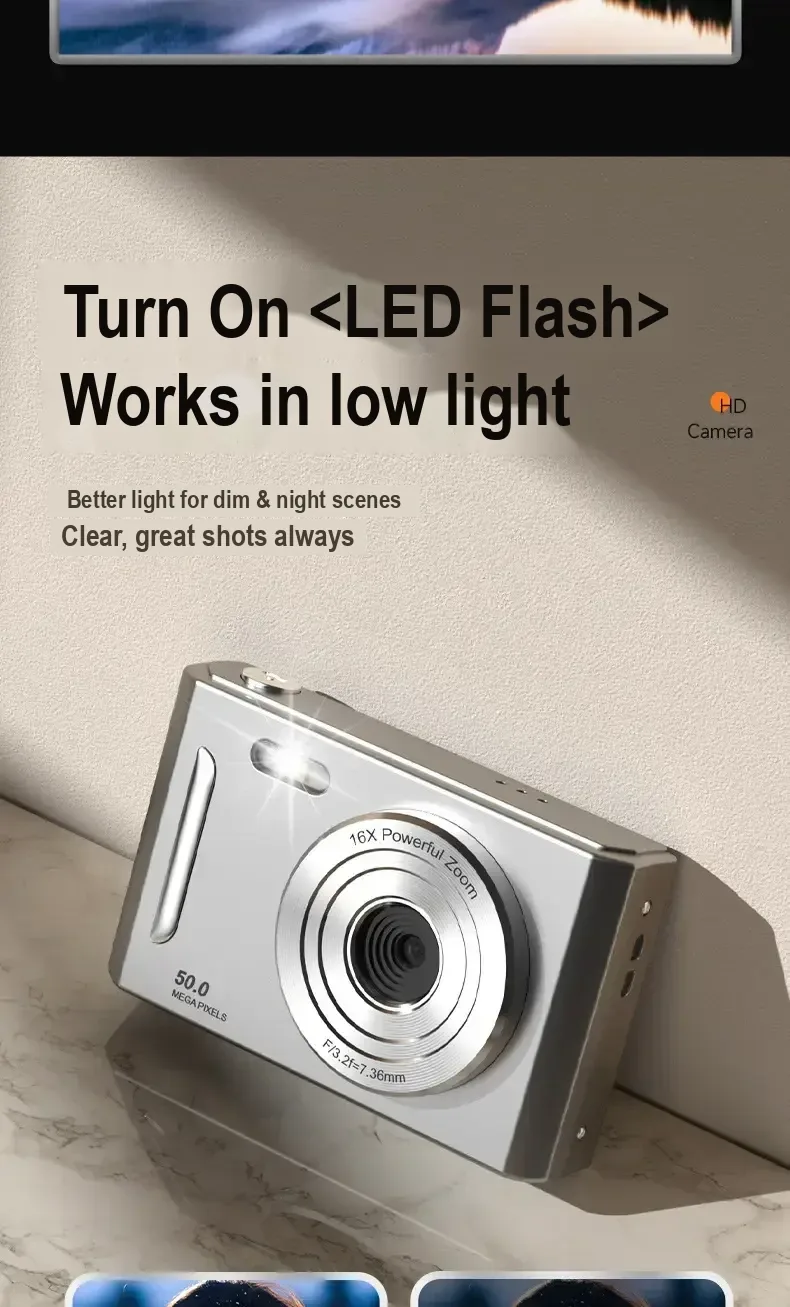 White camera with LED flash illuminated.