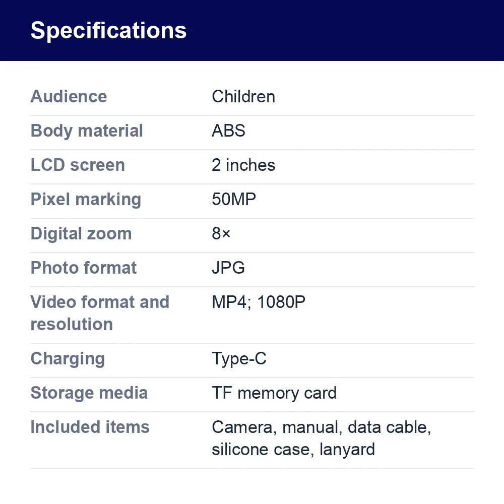 Children’s Digital Camera, 50MP, 8× Zoom, Type-C – specifications