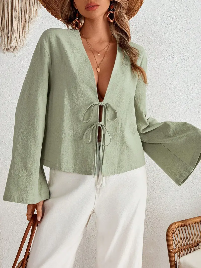 White Lace-Up Long Sleeve Top Set for Women