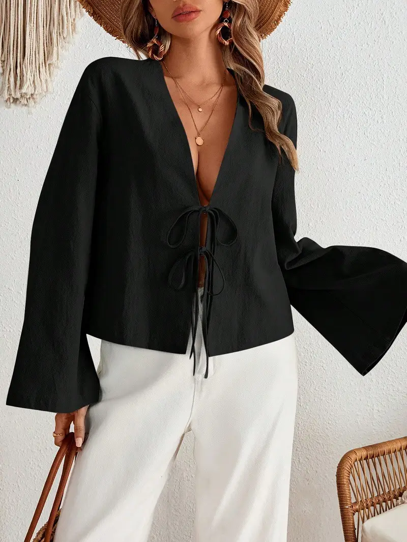 White Lace-Up Long Sleeve Top Set for Women — feature 1