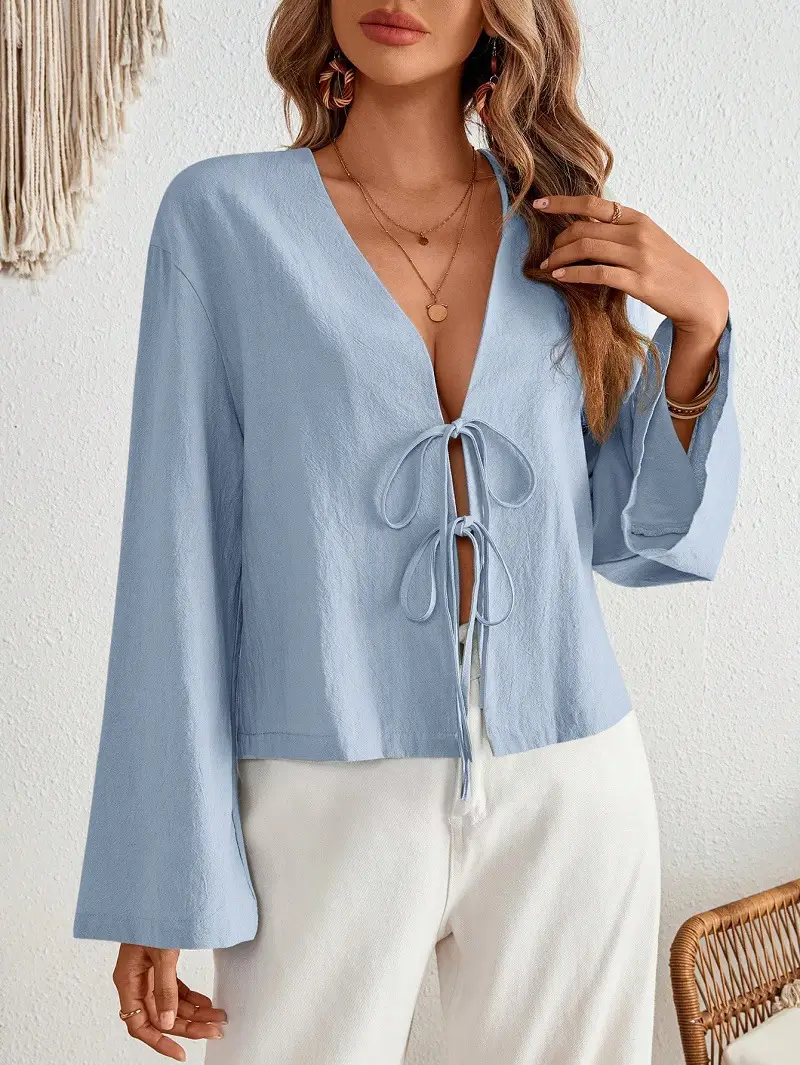 White Lace-Up Long Sleeve Top Set for Women — feature 13