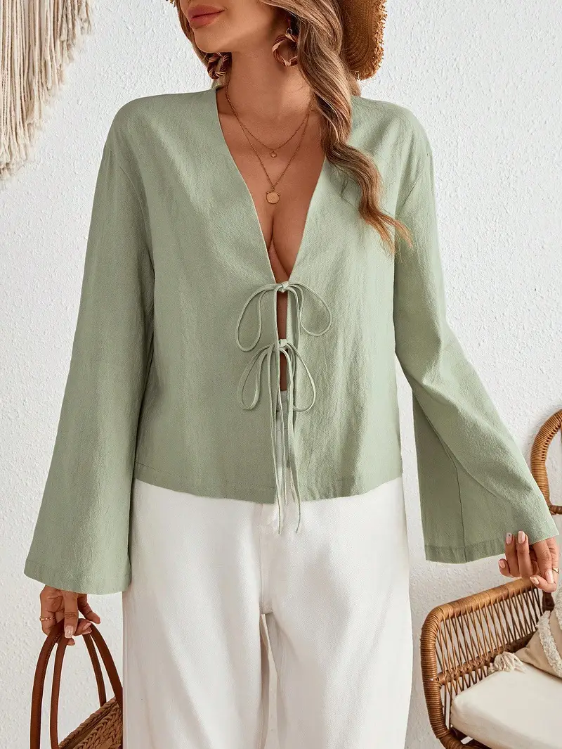 White Lace-Up Long Sleeve Top Set for Women — feature 15