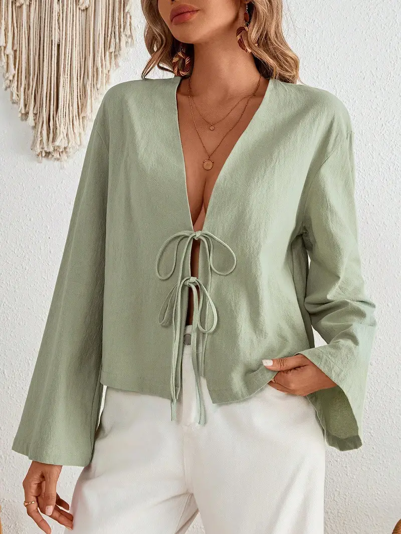 White Lace-Up Long Sleeve Top Set for Women — feature 17