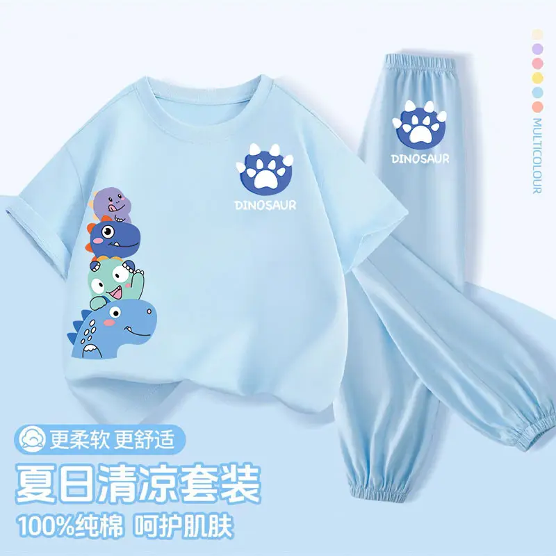Boys Pure Cotton Cartoon Dinosaur Suit Light Blue 2025 - Image 6