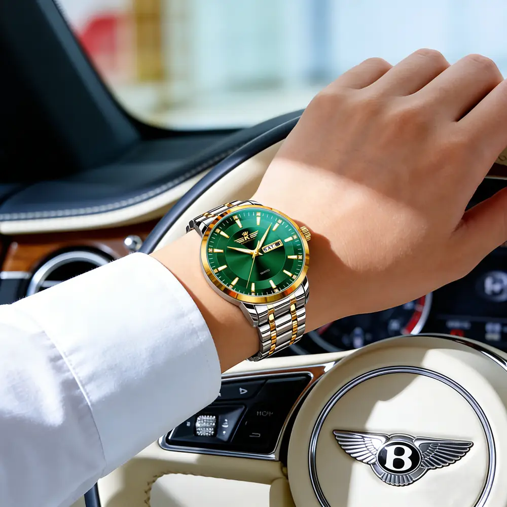 High-end fashion automatic double calendar business men's wrist watch waterproof luminous diamond watch wholesale butterfly buckle — feature 1