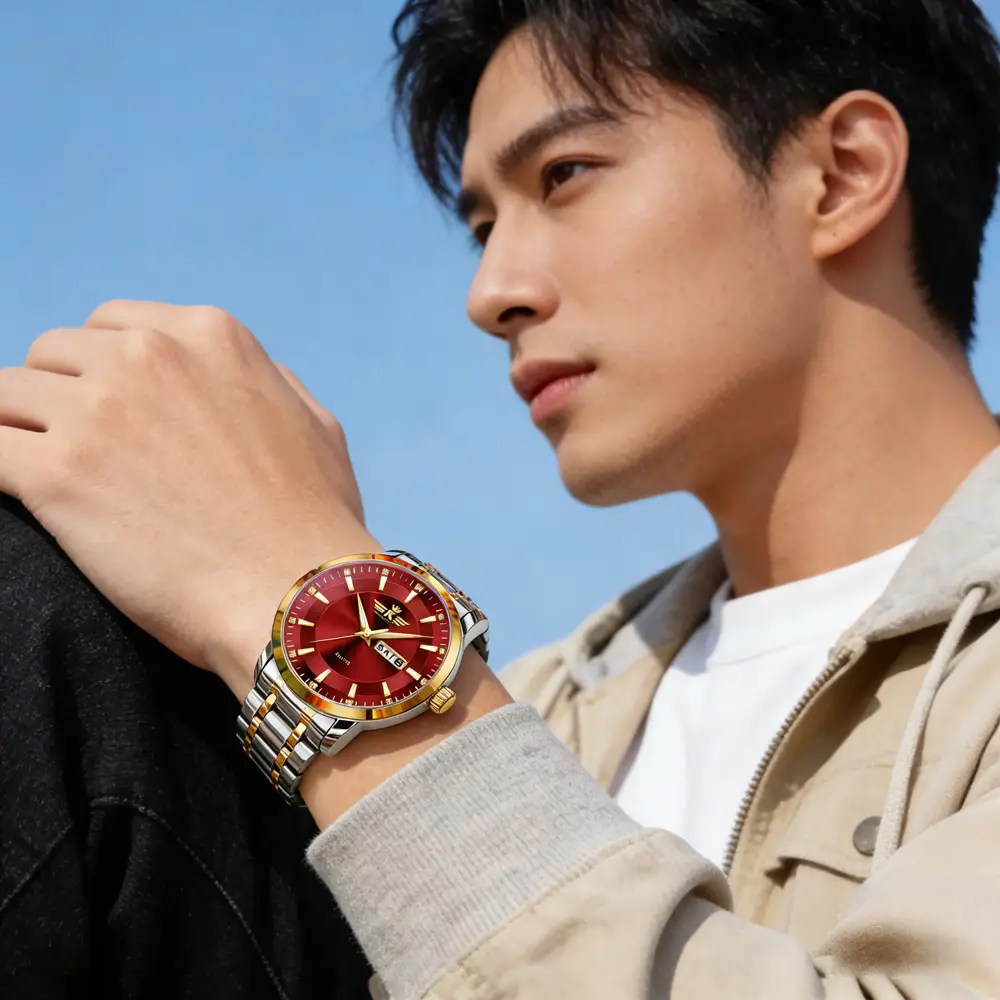 High-end fashion automatic double calendar business men's wrist watch waterproof luminous diamond watch wholesale butterfly buckle — feature 11