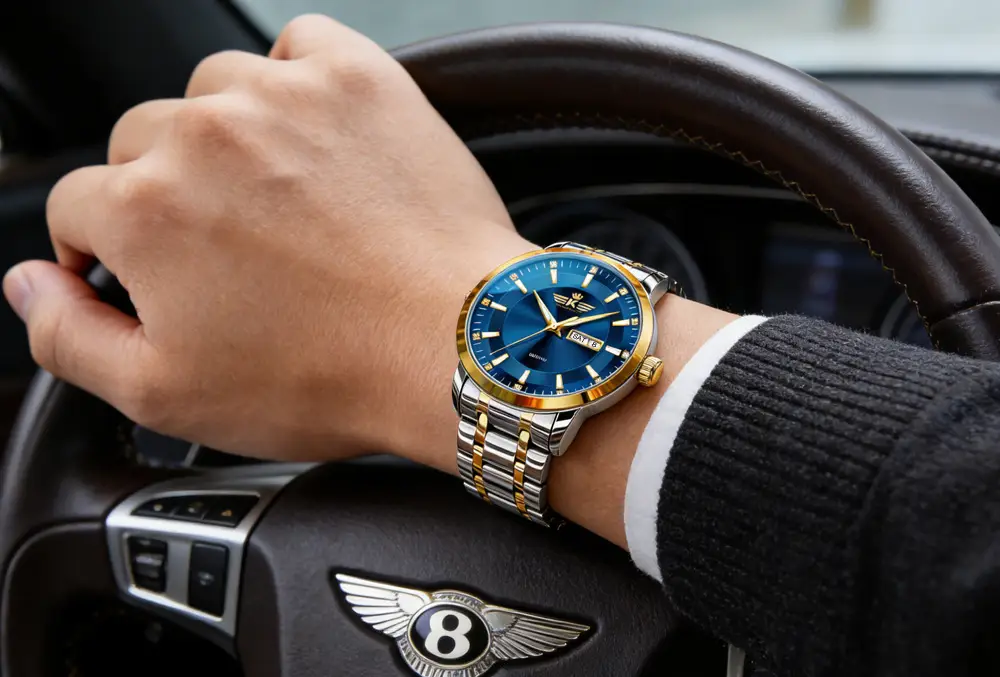High-end fashion automatic double calendar business men's wrist watch waterproof luminous diamond watch wholesale butterfly buckle — feature 17