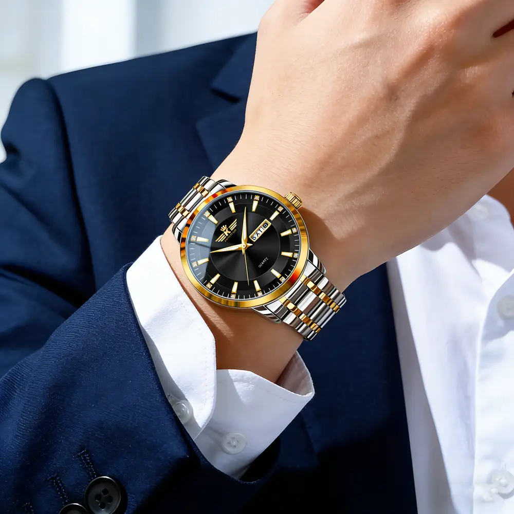 High-end fashion automatic double calendar business men's wrist watch waterproof luminous diamond watch wholesale butterfly buckle — feature 23