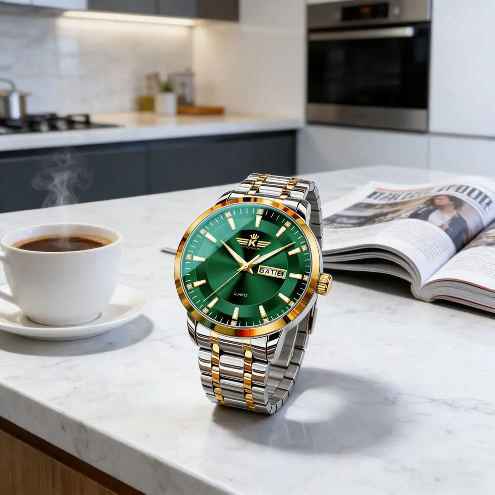 High-end fashion automatic double calendar business men's wrist watch waterproof luminous diamond watch wholesale butterfly buckle — feature 3