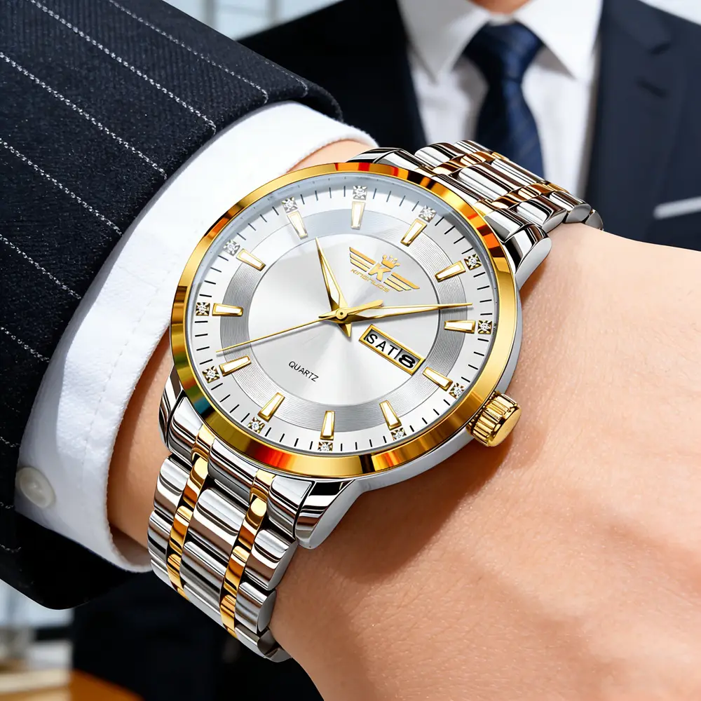 High-end fashion automatic double calendar business men's wrist watch waterproof luminous diamond watch wholesale butterfly buckle — feature 34