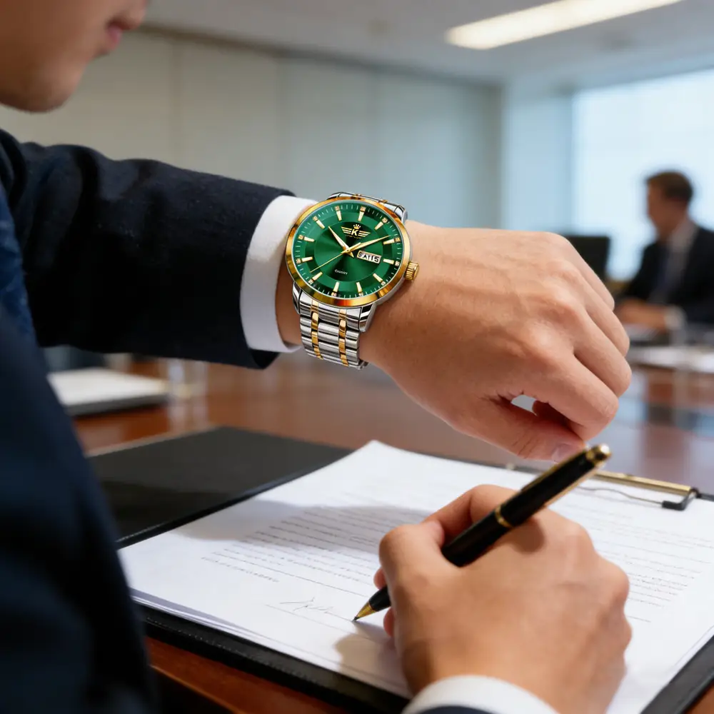 High-end fashion automatic double calendar business men's wrist watch waterproof luminous diamond watch wholesale butterfly buckle — feature 4