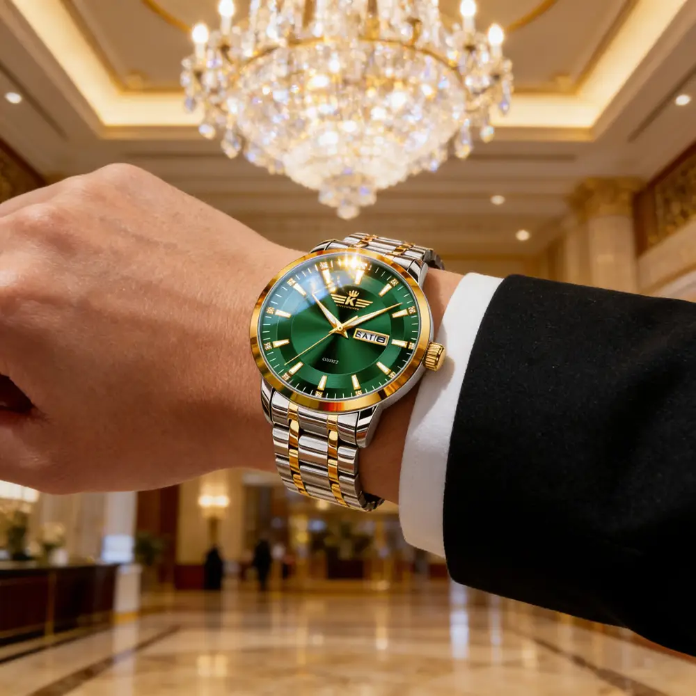 High-end fashion automatic double calendar business men's wrist watch waterproof luminous diamond watch wholesale butterfly buckle — feature 6