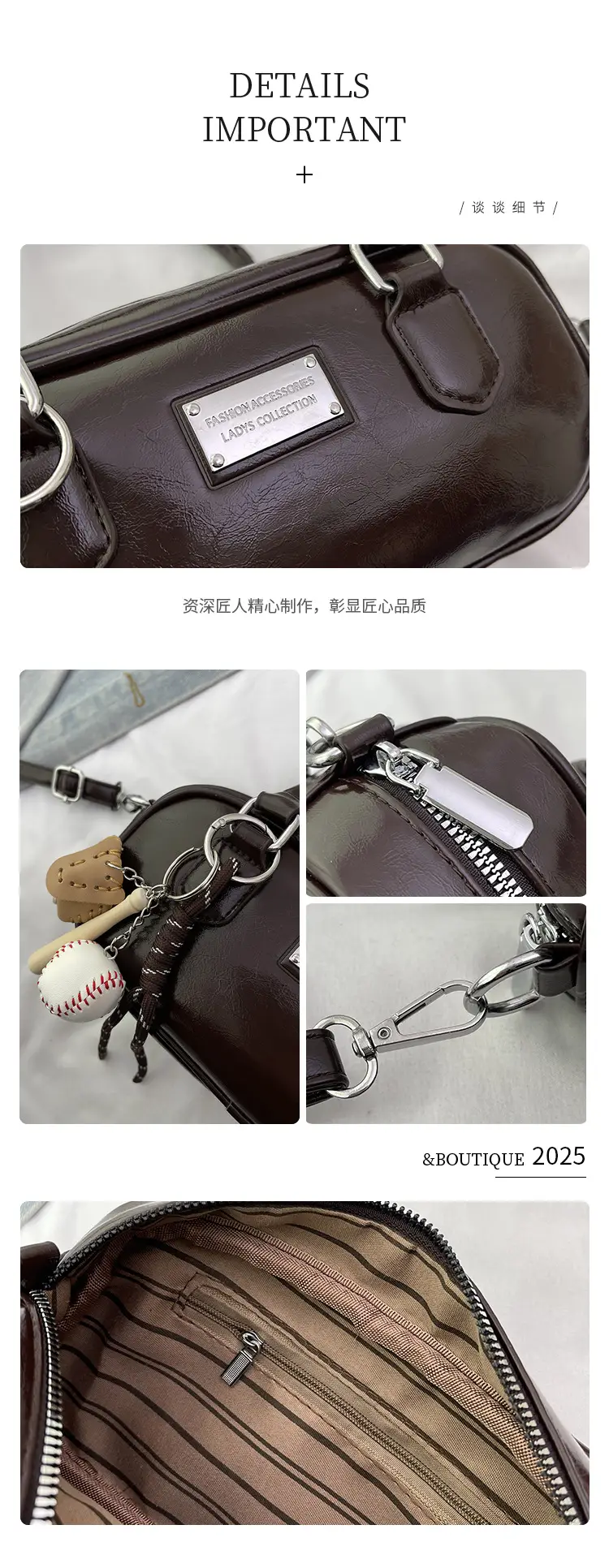 Women's Brown Leather Bowling Bag Shoulder Crossbody 2025 — feature 7