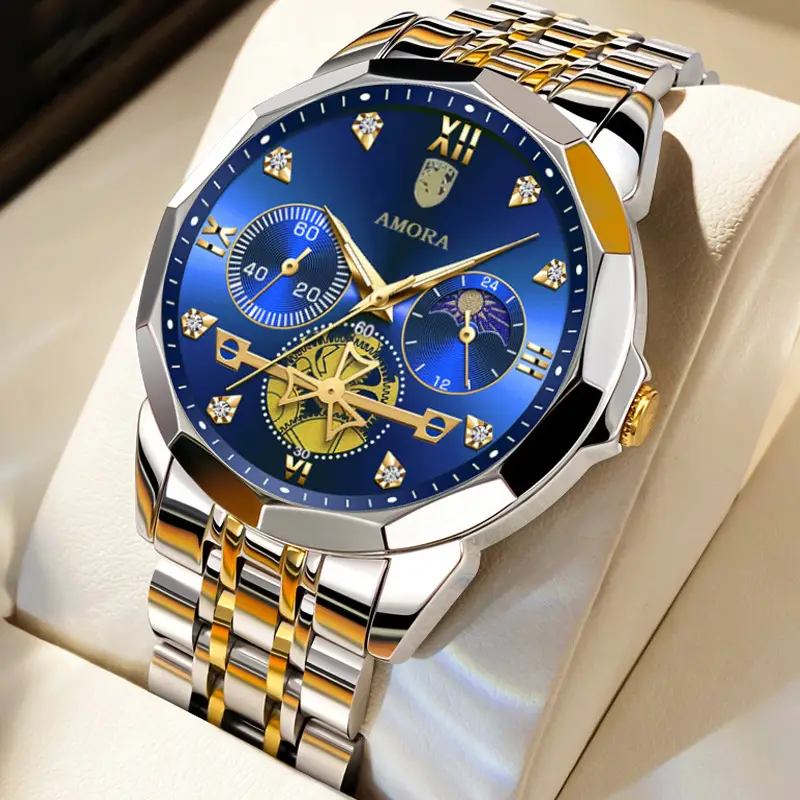 Men's Waterproof Luminous Quartz Watch with Gold & Black Band