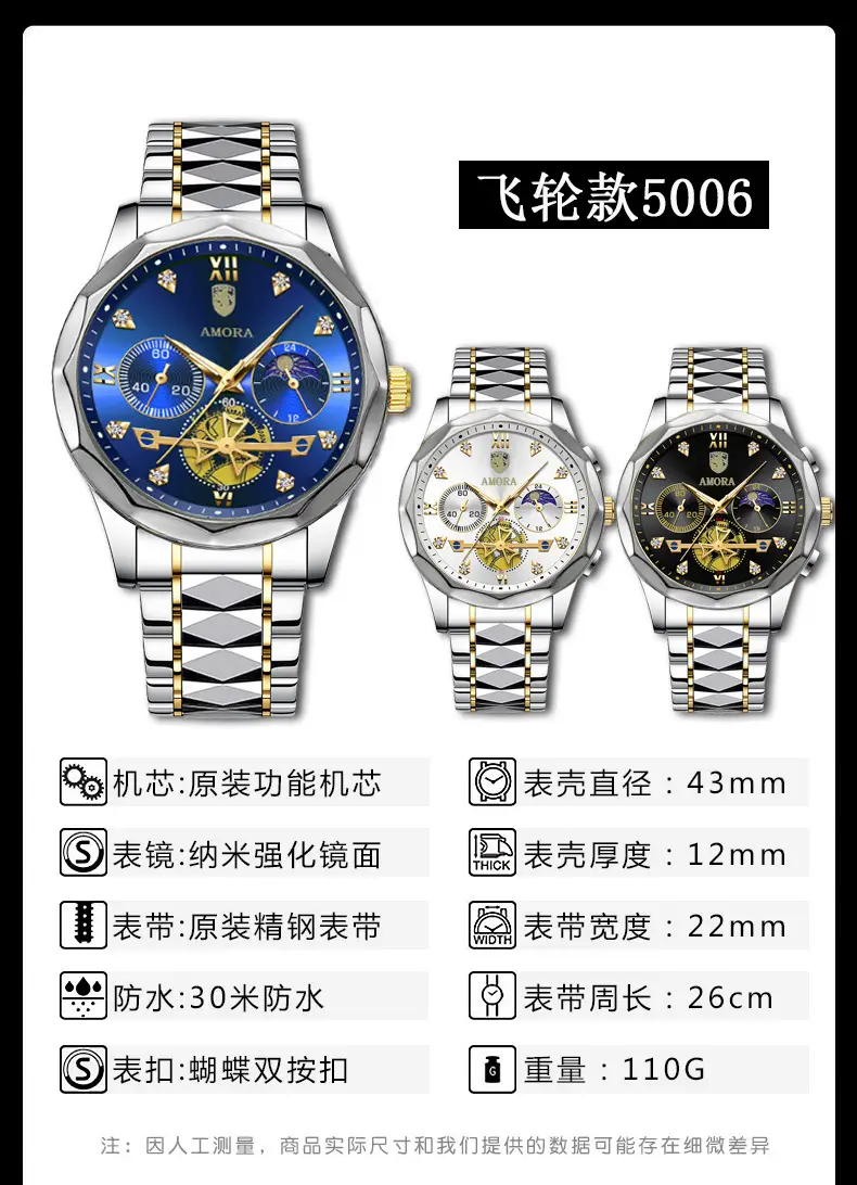 Men's Waterproof Luminous Quartz Watch with Gold & Black Band — feature 1