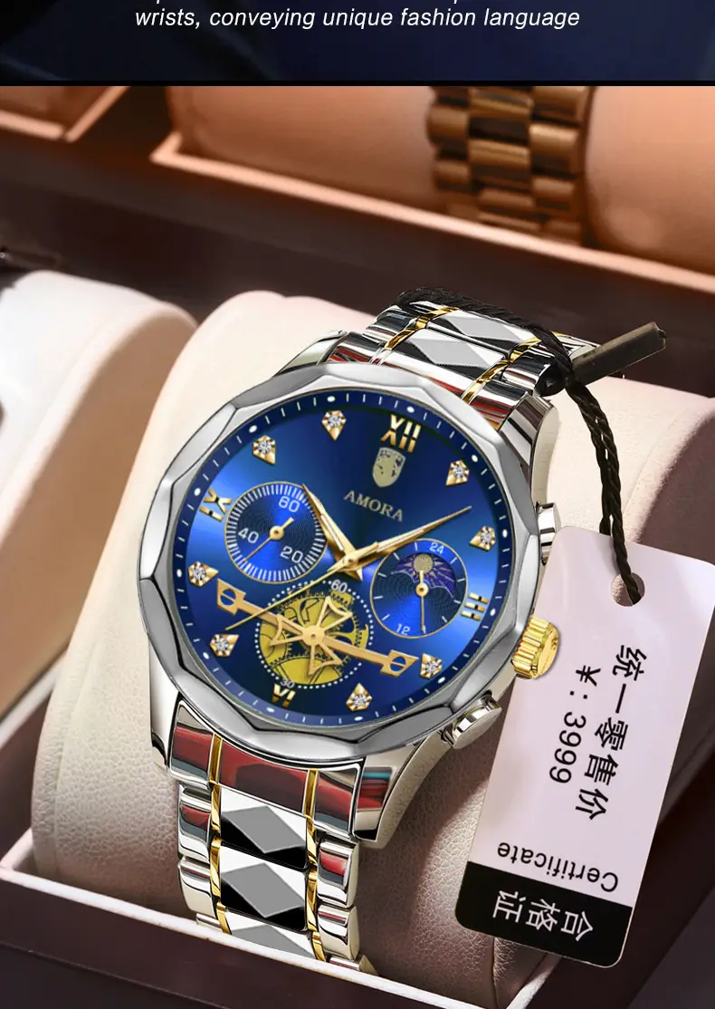 Men's Waterproof Luminous Quartz Watch with Gold & Black Band — feature 2