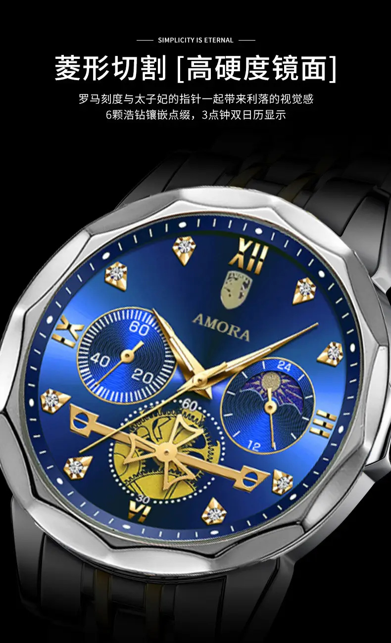 Men's Waterproof Luminous Quartz Watch with Gold & Black Band — feature 3