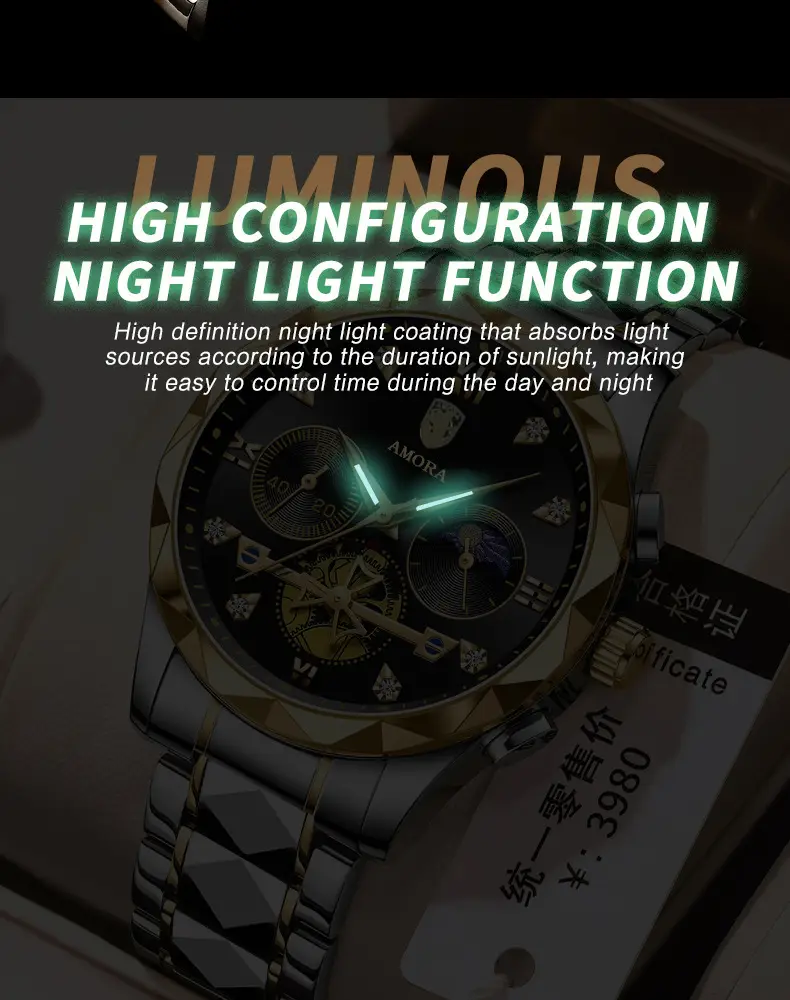Men's Waterproof Luminous Quartz Watch with Gold & Black Band — feature 4