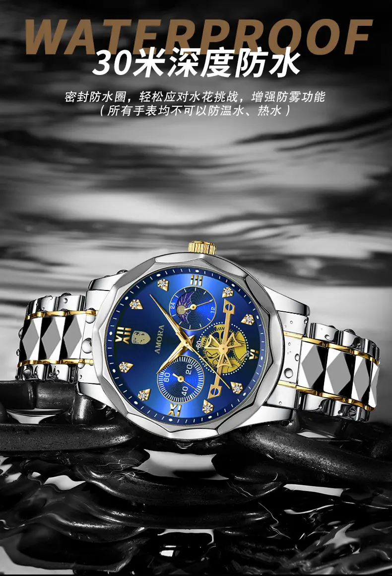 Men's Waterproof Luminous Quartz Watch with Gold & Black Band — feature 5