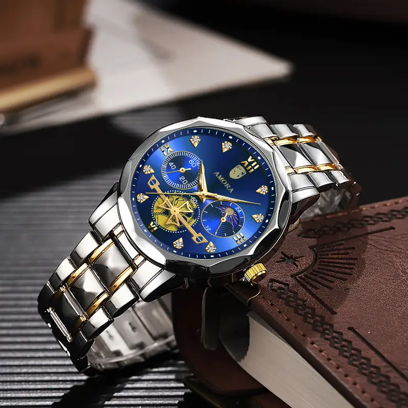 Men's Waterproof Luminous Quartz Watch with Gold & Black Band — feature 7