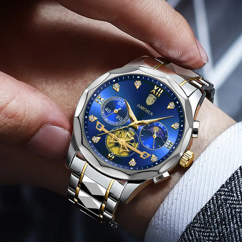 Men's Waterproof Luminous Quartz Watch with Gold & Black Band — feature 9