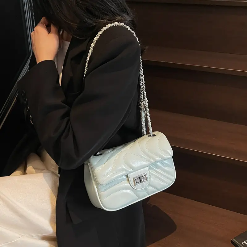 Light Green Embroidery Crossbody Bag with Silver Chain - Image 2
