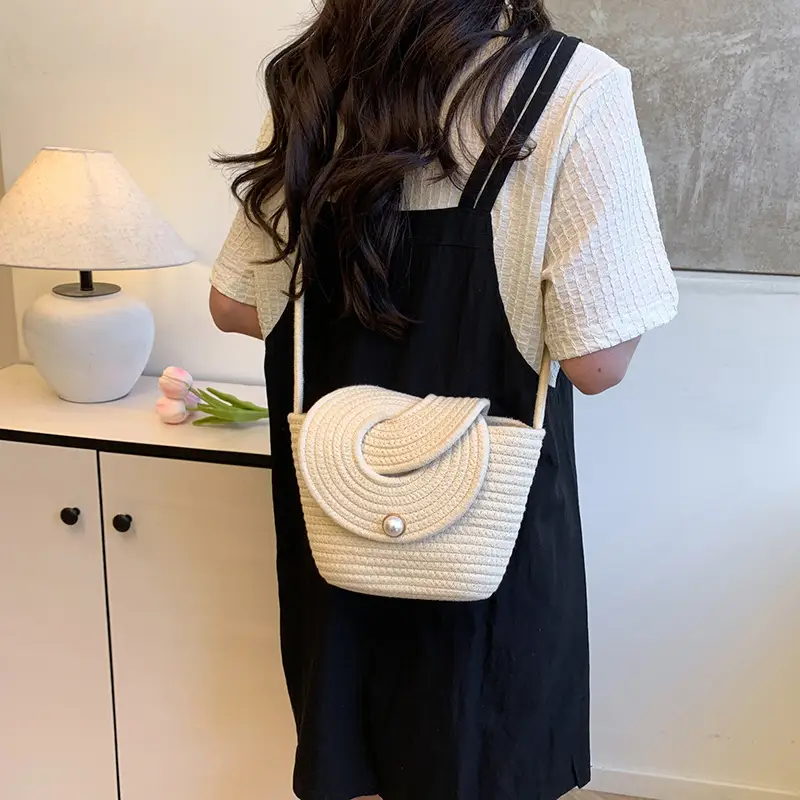 Women's Beige Woven Crossbody Bag with Pearl Detail - Image 4