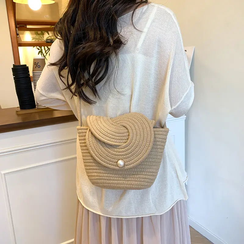 Women's Beige Woven Crossbody Bag with Pearl Detail - Image 6
