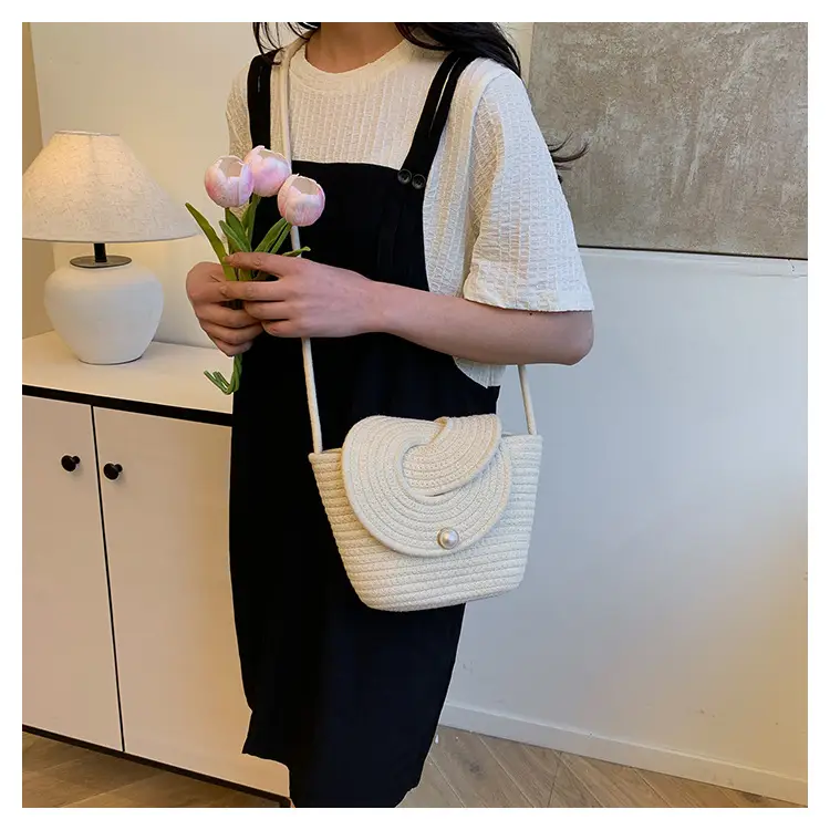 Women's Beige Woven Crossbody Bag with Pearl Detail — feature 10