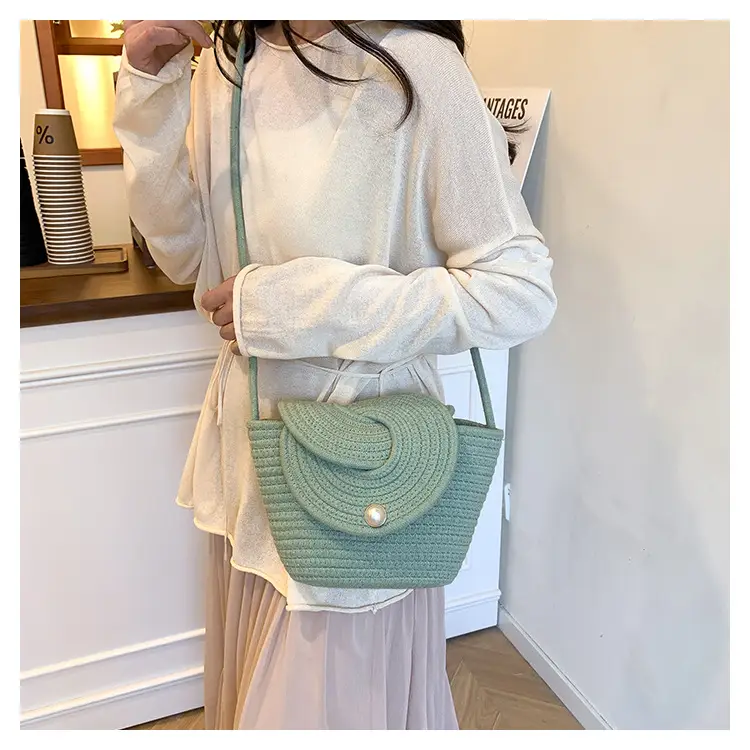 Women's Beige Woven Crossbody Bag with Pearl Detail — feature 11