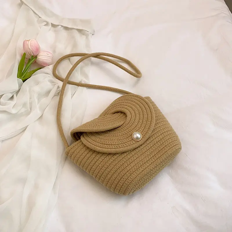 Women's Beige Woven Crossbody Bag with Pearl Detail - Image 2