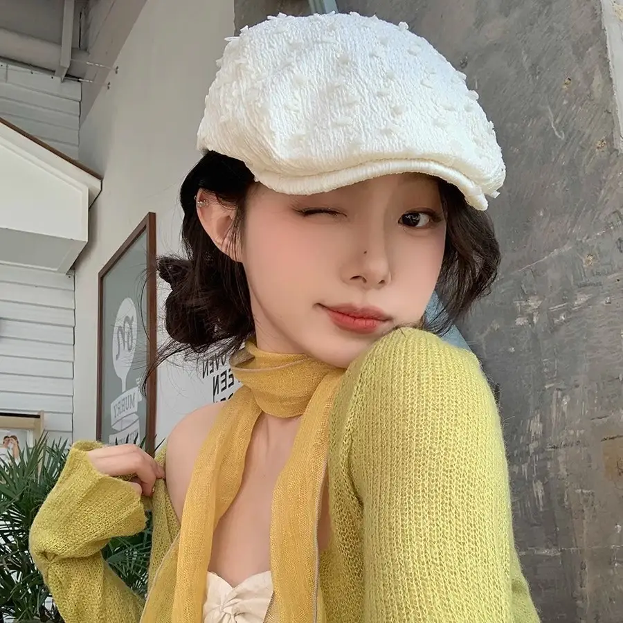 Women's White Embroidered Beret with Yellow Scarf - Image 4