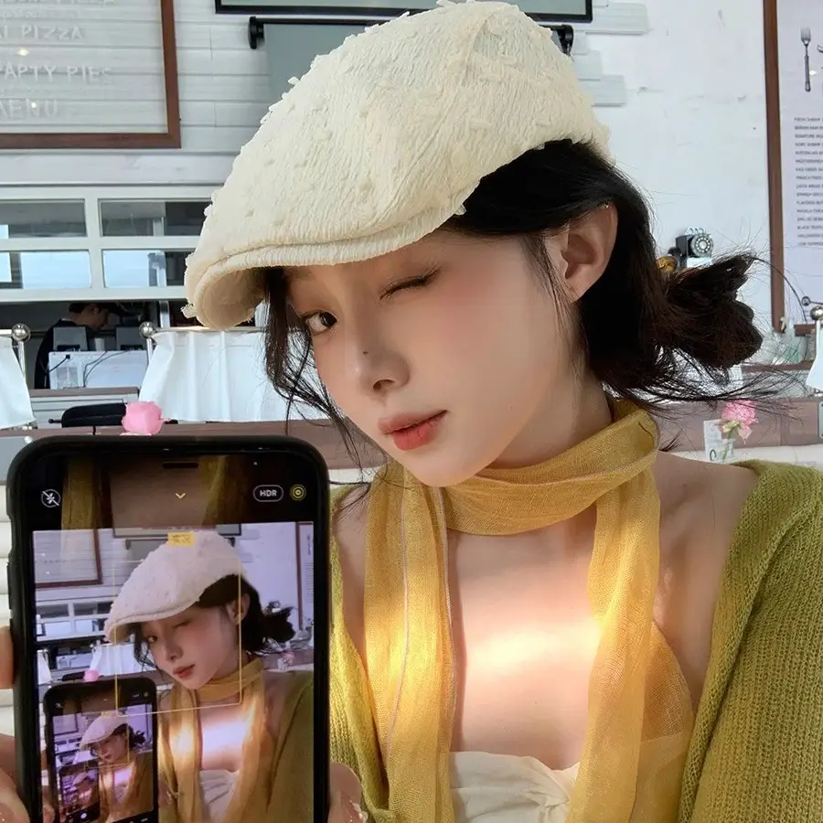 Women's White Embroidered Beret with Yellow Scarf - Image 5