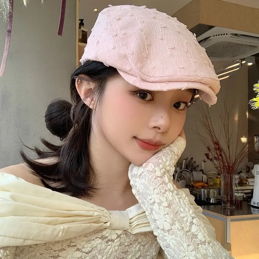 Women's White Embroidered Beret with Yellow Scarf - Image 6