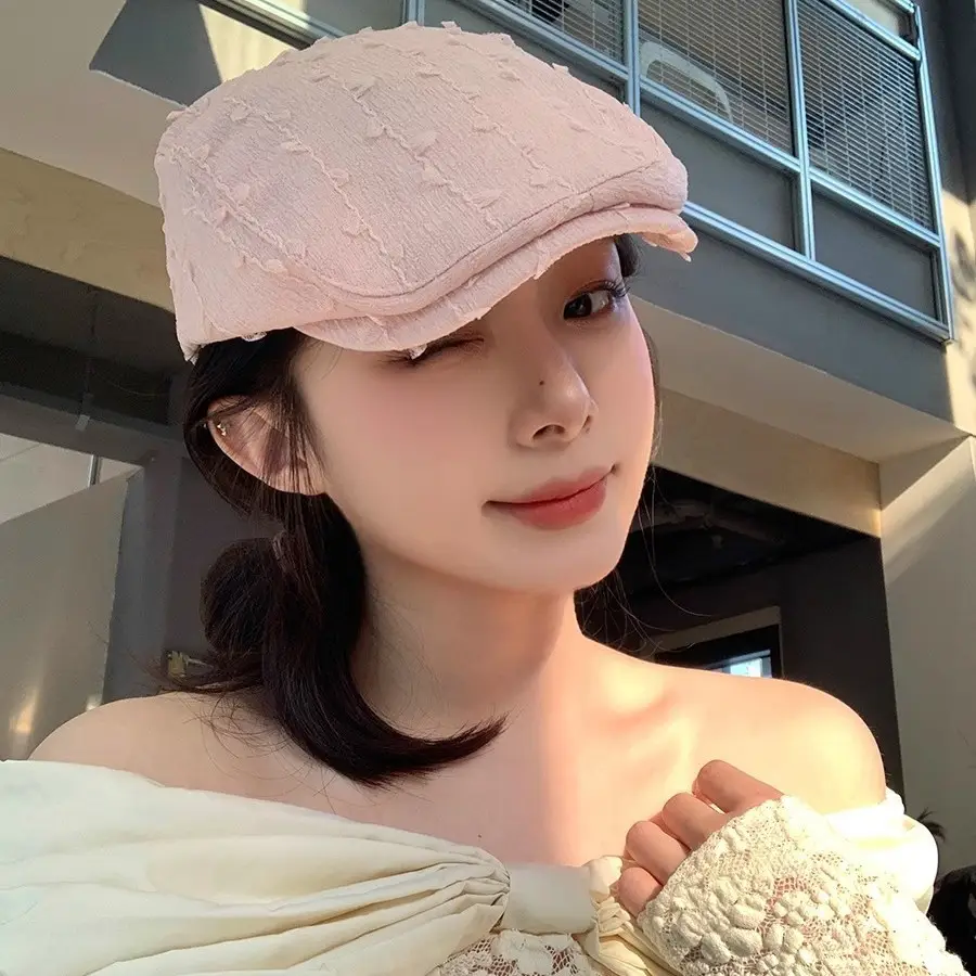 Women's White Embroidered Beret with Yellow Scarf - Image 7