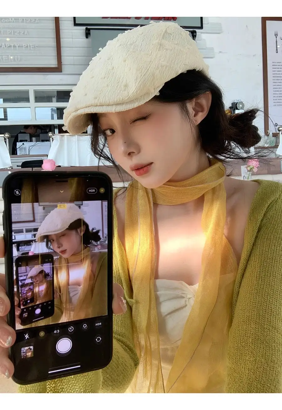 Women's White Embroidered Beret with Yellow Scarf — feature 10
