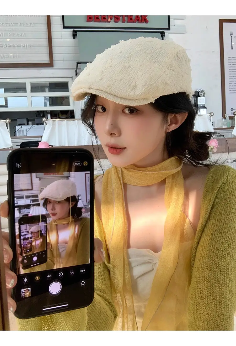 Women's White Embroidered Beret with Yellow Scarf — feature 11