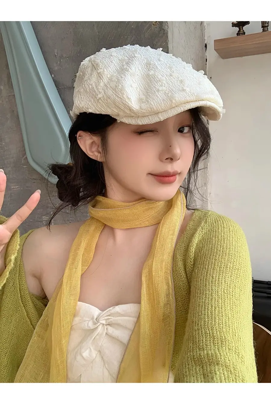Women's White Embroidered Beret with Yellow Scarf — feature 12