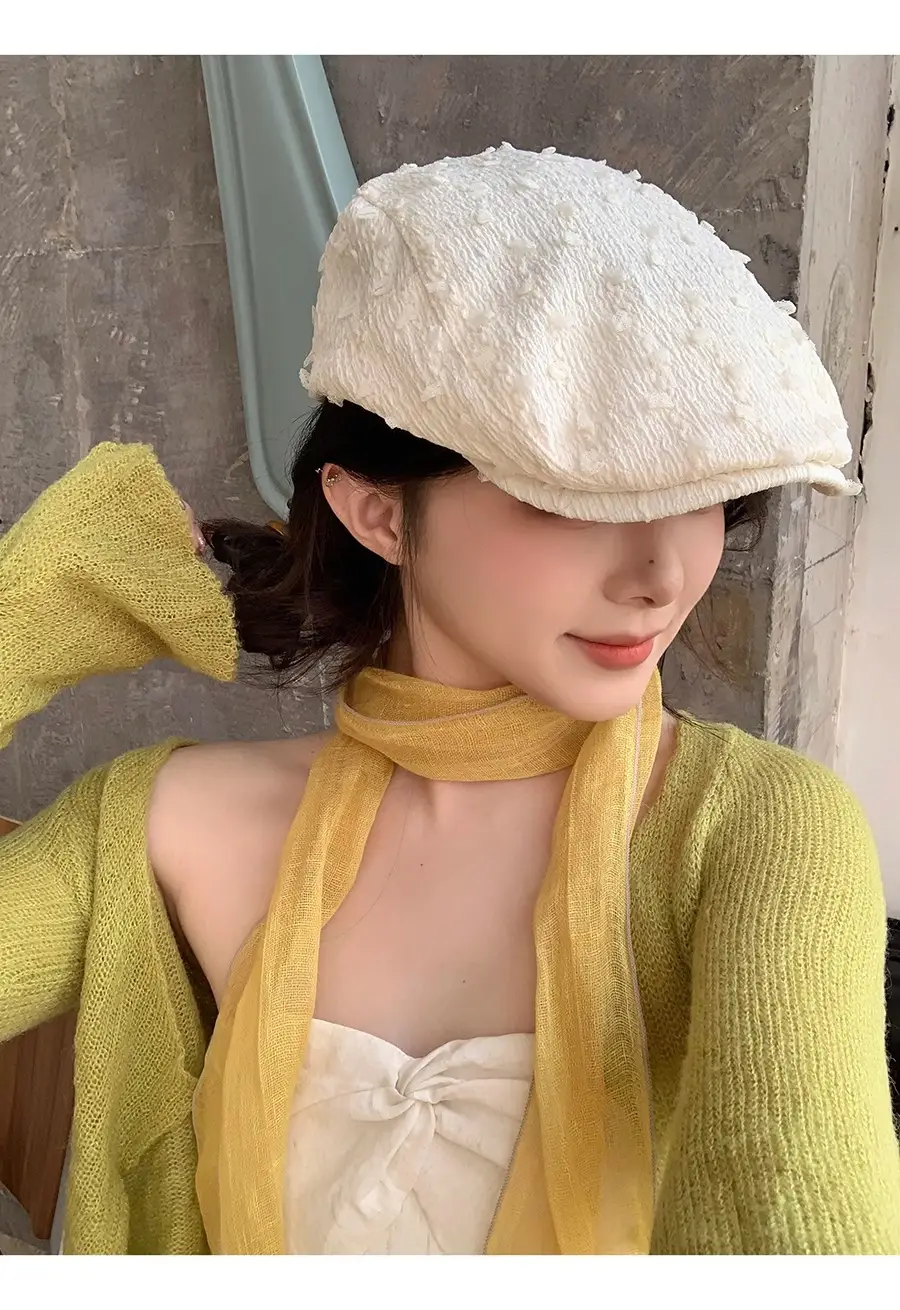 Women's White Embroidered Beret with Yellow Scarf — feature 13