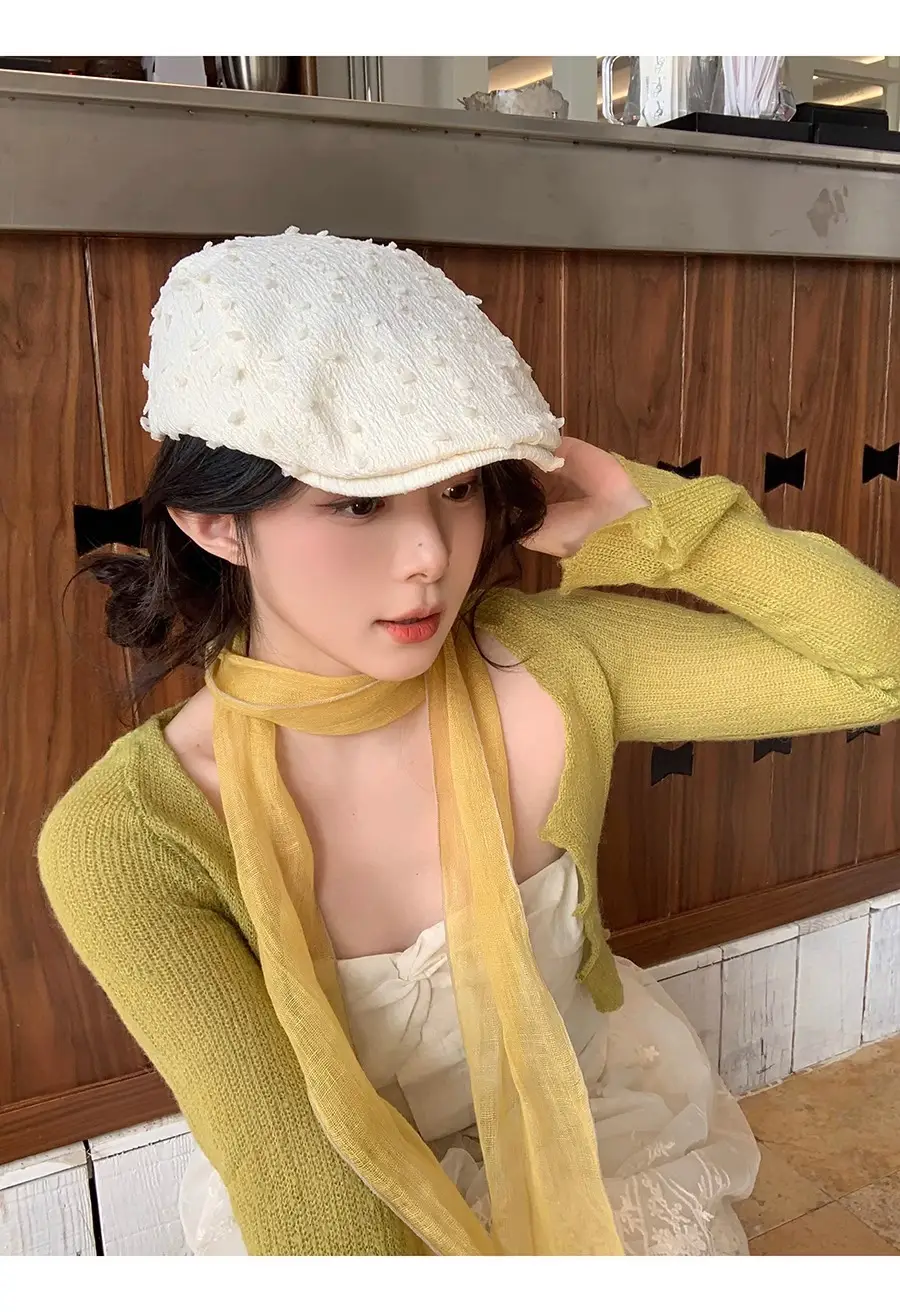 Women's White Embroidered Beret with Yellow Scarf — feature 14