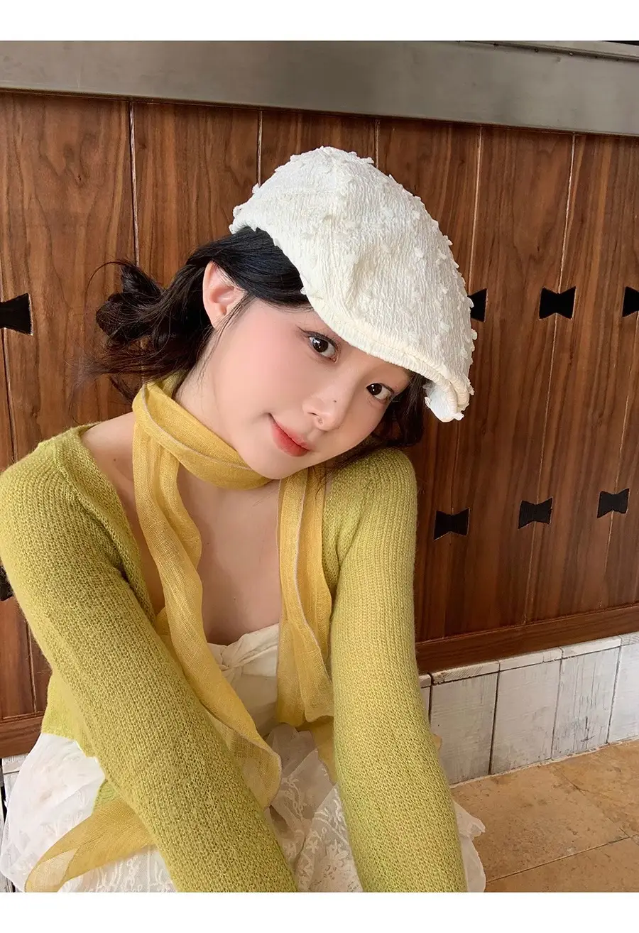 Women's White Embroidered Beret with Yellow Scarf — feature 15