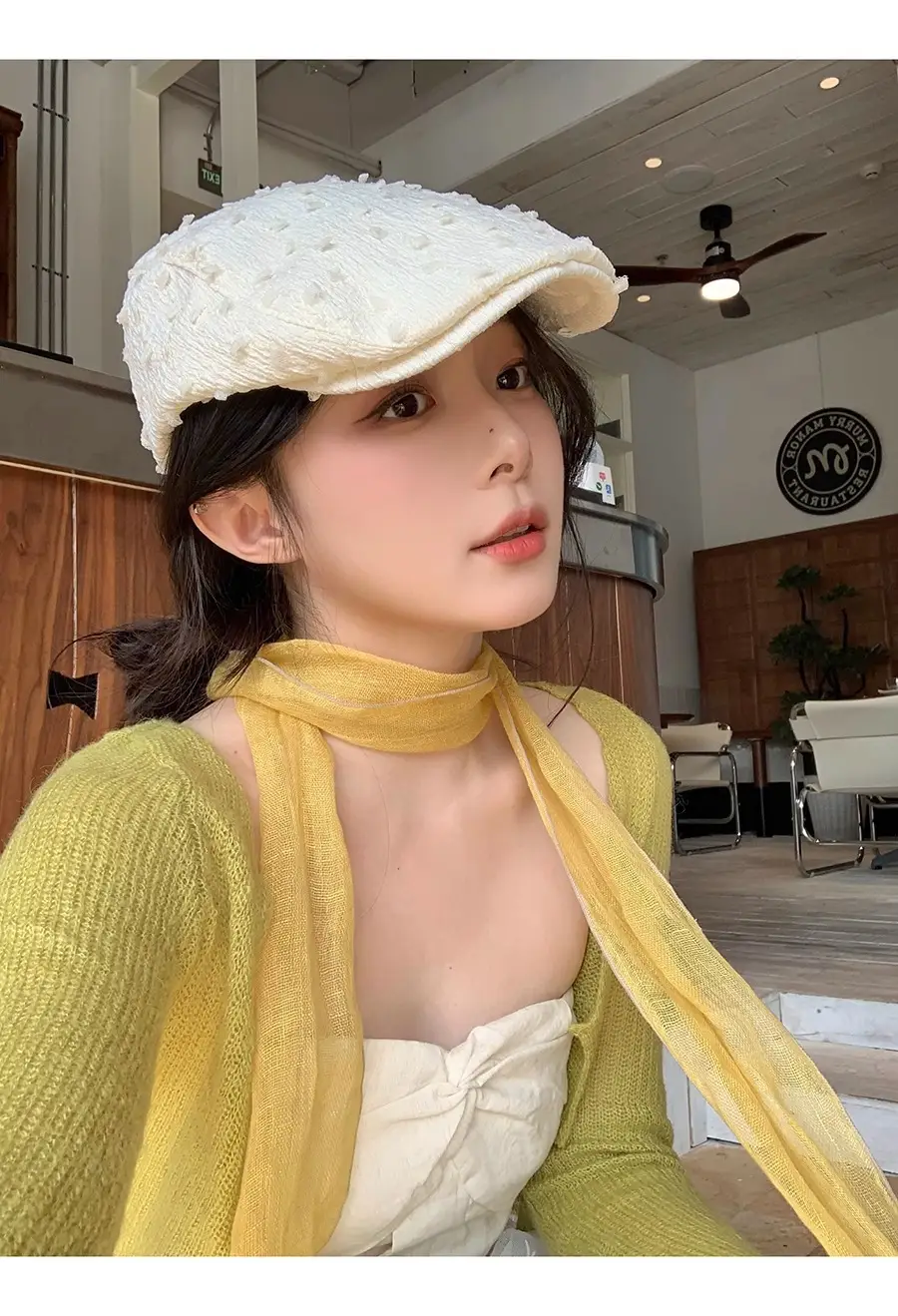 Women's White Embroidered Beret with Yellow Scarf — feature 16