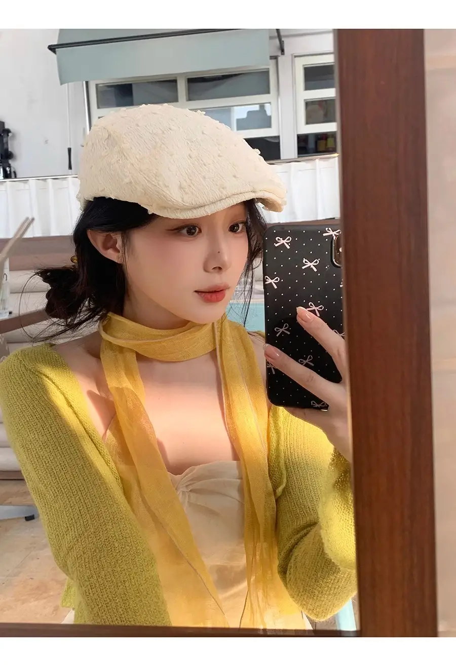 Women's White Embroidered Beret with Yellow Scarf — feature 17