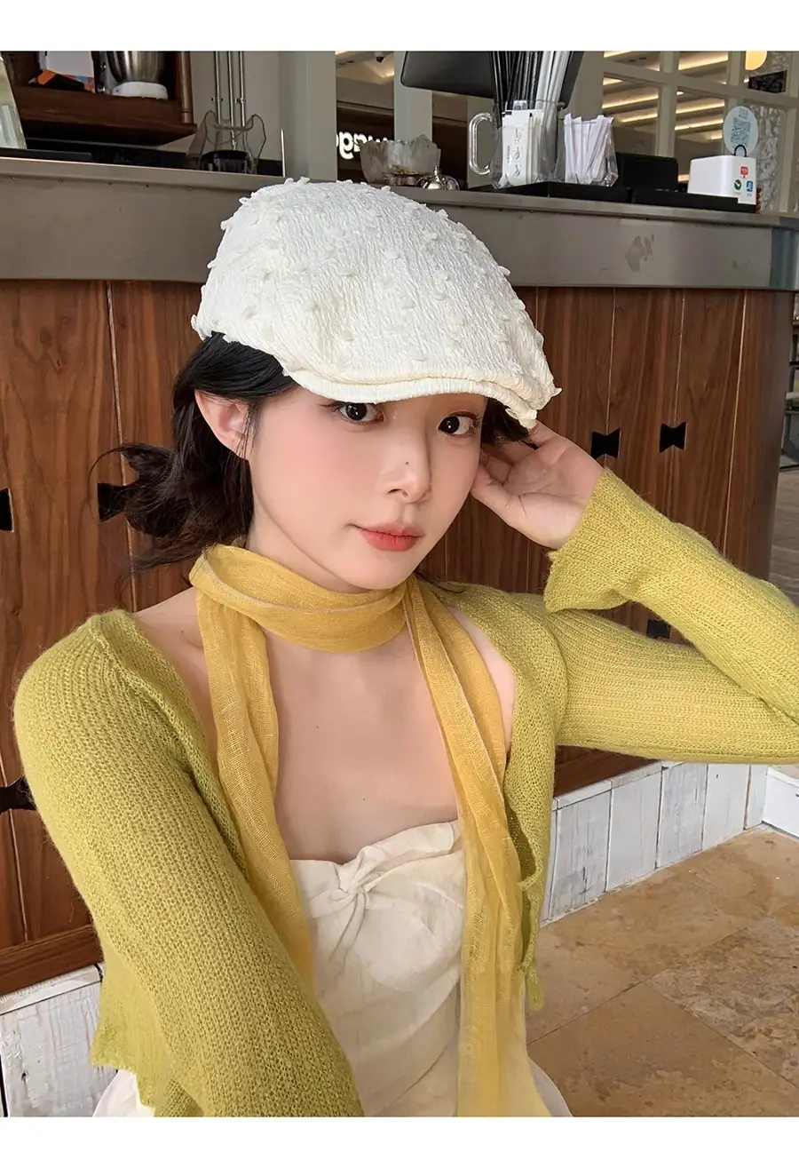Women's White Embroidered Beret with Yellow Scarf — feature 18
