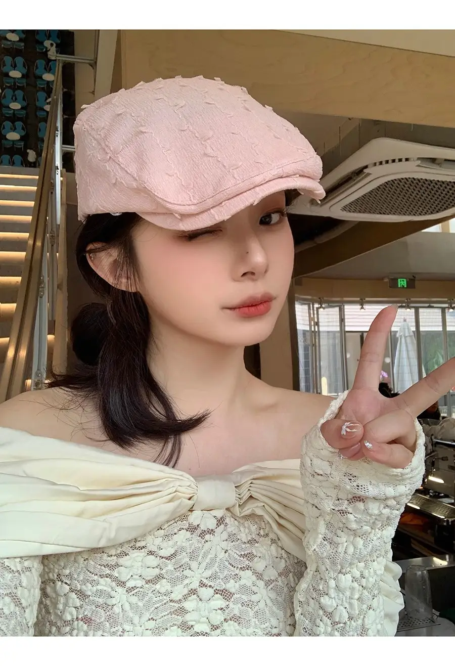 Women's White Embroidered Beret with Yellow Scarf — feature 3