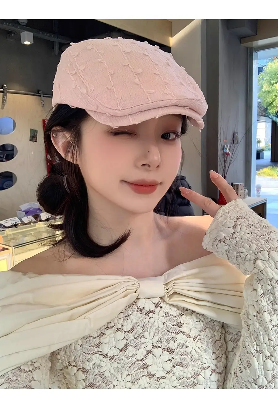 Women's White Embroidered Beret with Yellow Scarf — feature 4