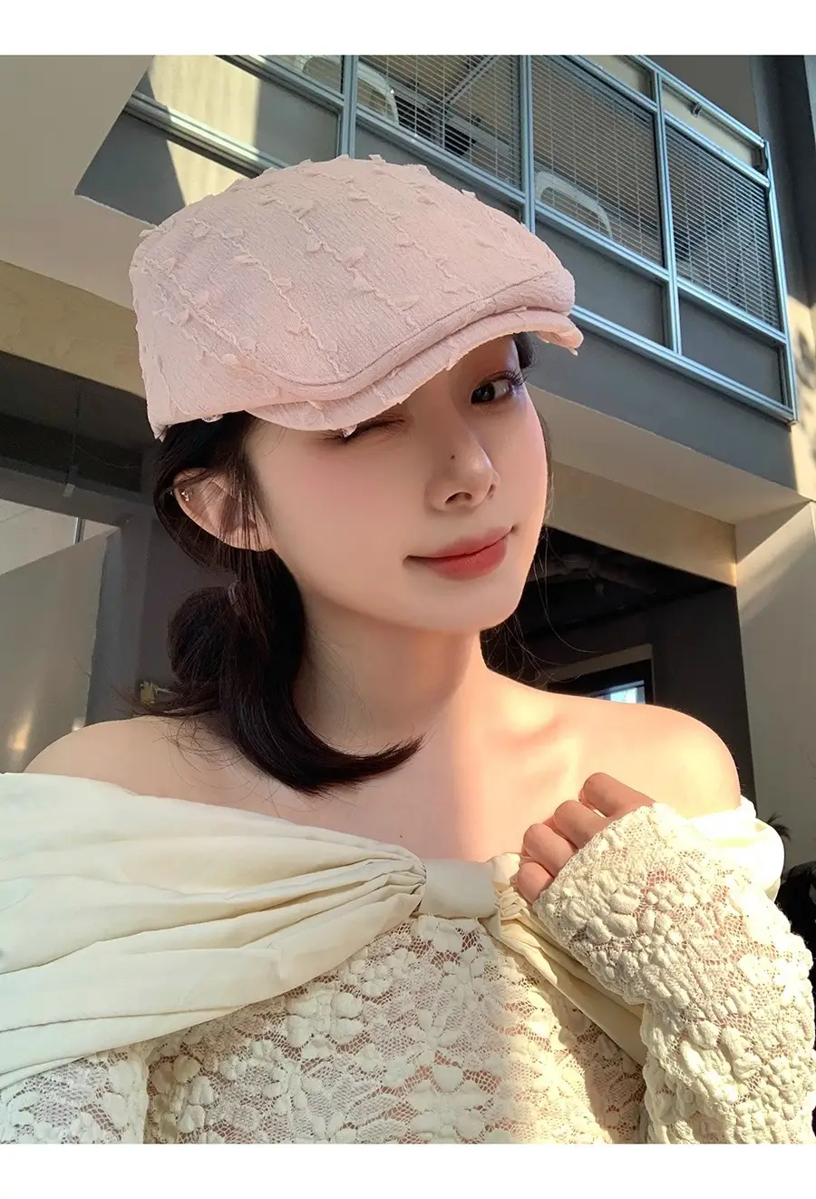 Women's White Embroidered Beret with Yellow Scarf — feature 5