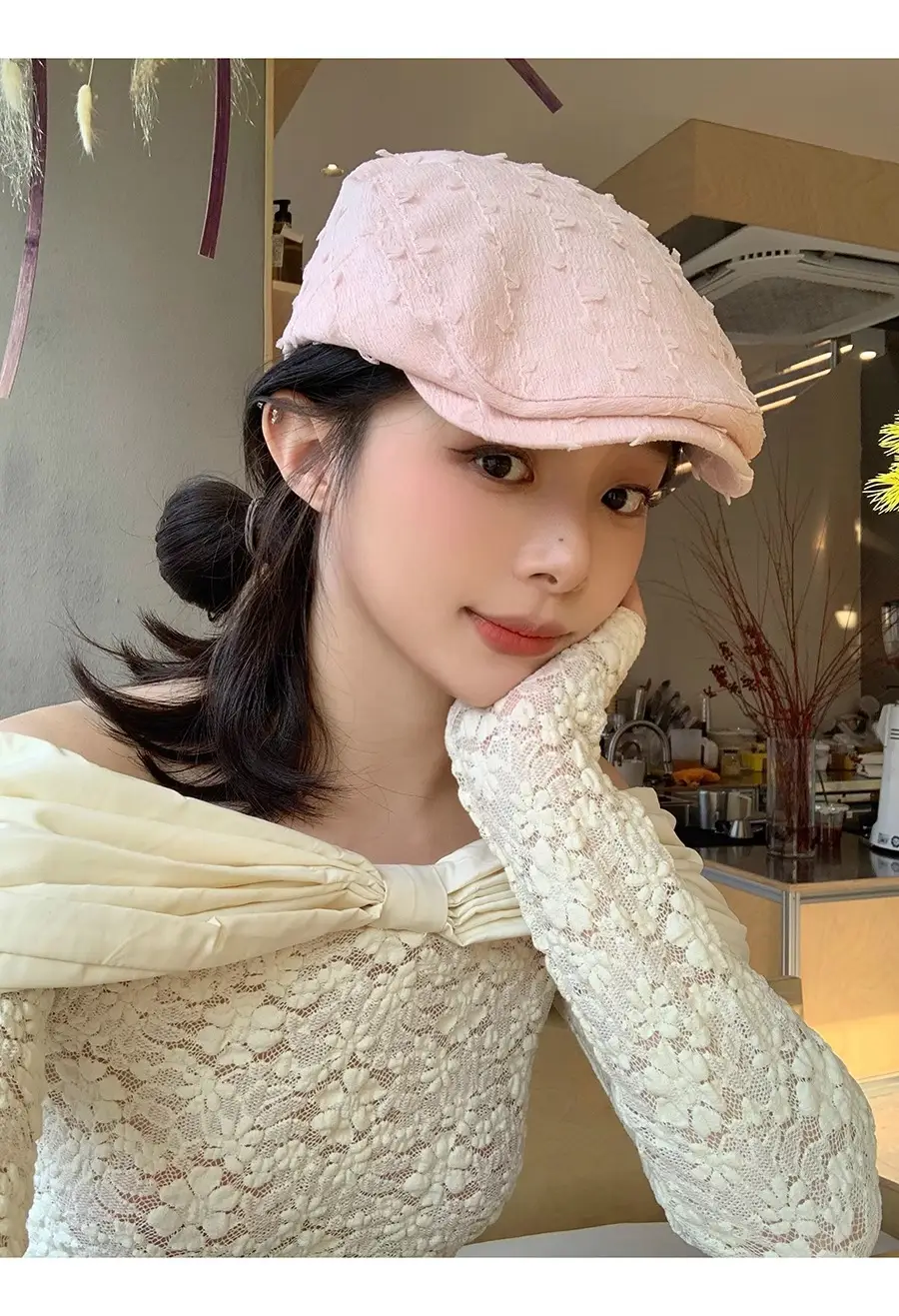 Women's White Embroidered Beret with Yellow Scarf — feature 6